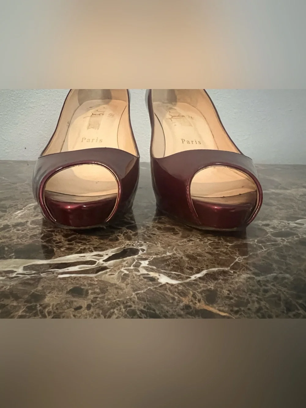 Christian Louboutin Shimmering Burgundy Patent Leather Prive 70mm Platform Pumps